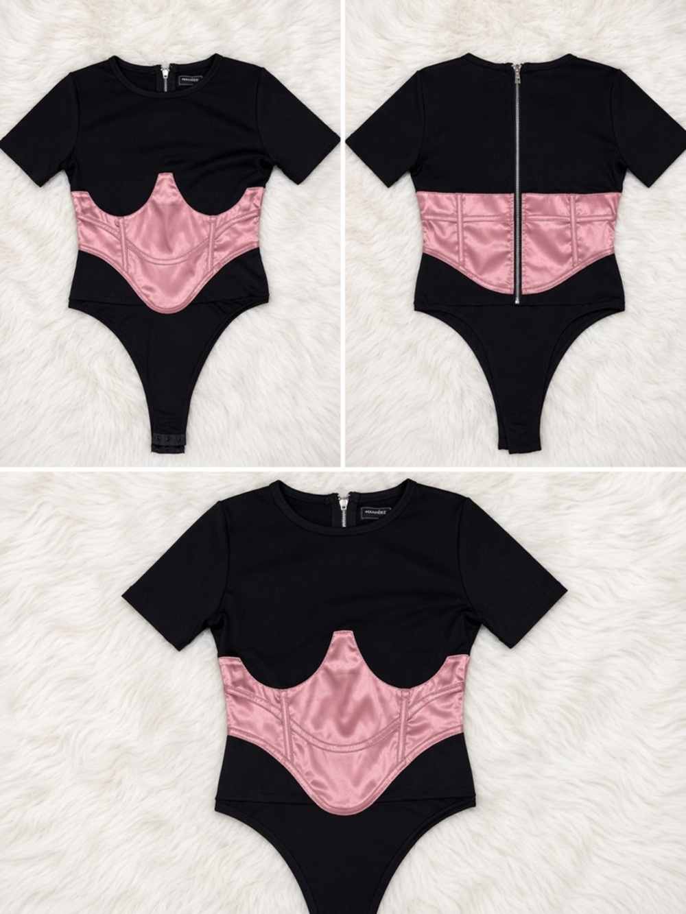 Maniere De Voir Black One-Piece with Pink Satin Corset Accent